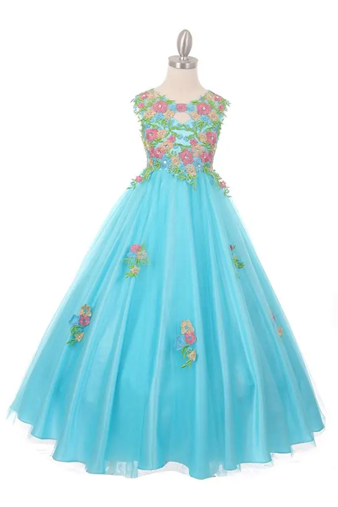 The Couture Dresses Beautiful All Over Hand Placed and Sewn Flower Embroidery Lace Dress, Aqua 16