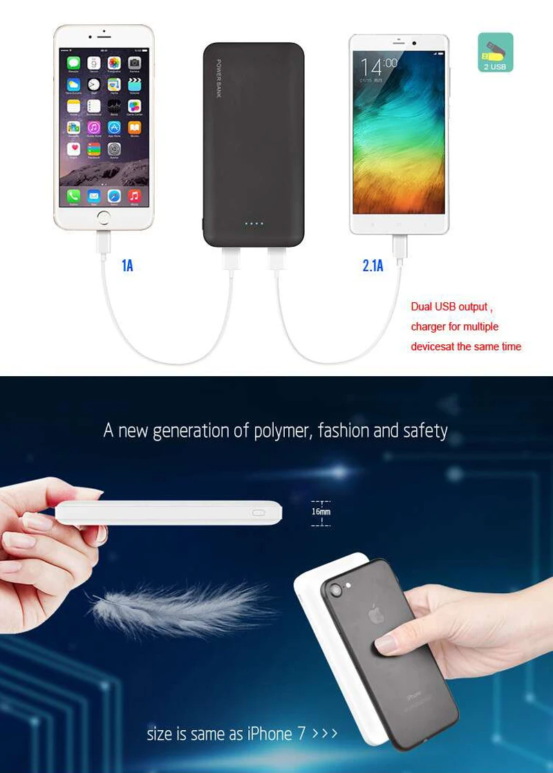 Portable Large Capacity 10000mah Ultra Slim Power Bank Charger with Dual USB Ports