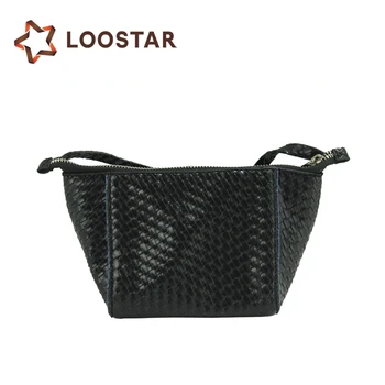 black leather woven bag