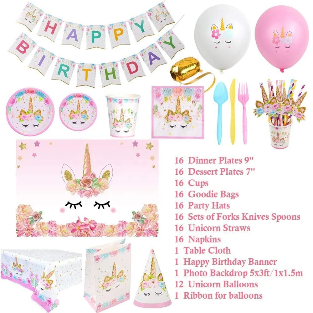 Unicorn Birthday and Event Decor 16 Guests Set Napkins, Unicorn Plates Cups LHM Unicorn Birthday Party Supplies for Girls Tablecloth Pink Straws Napkins Cutlery Banner and Decorations Cups Plates Balloons