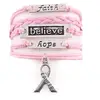 Fashion Women Girls Pink Handmade Faith Hope Believe Breast Cancer Awareness Bracelet Ribbon Charm Leather Bracelet