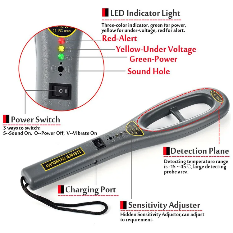 Venda por Atacado Detector de Metais à Mão Eletrônico para a Segurança Melhor Portátil Gc101h 4 Security Metal Detectors