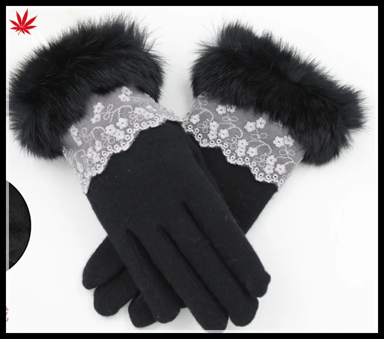 ladies Winter thin woolen gloves rabbit fur lace pattern warm gloves