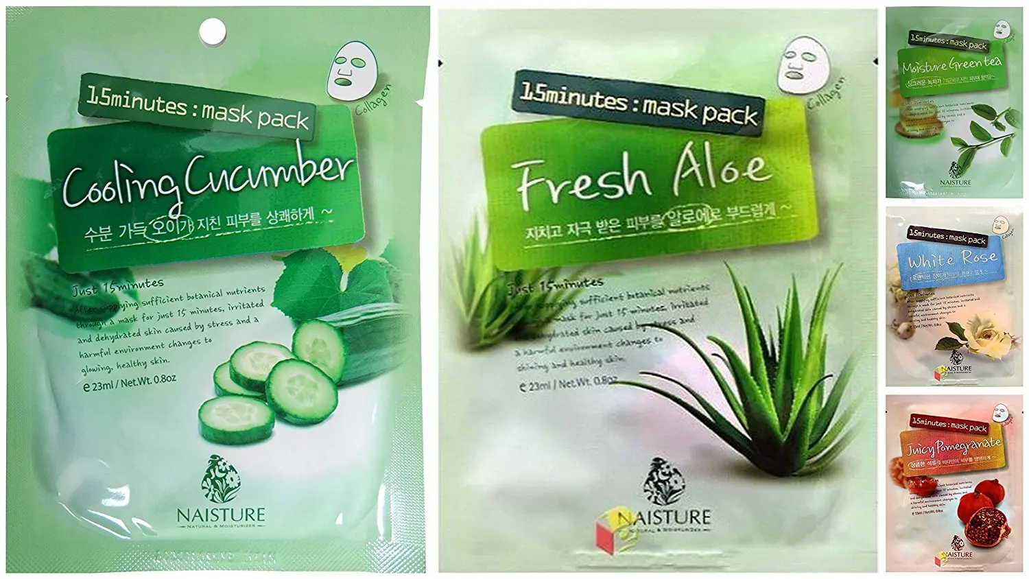 Naisture 15 Min Facial Mask Variety Bundle, 0.8 oz (Pack of 5) includes 1-Mask Juicy Pomegranate + 1-Mask White Rose + 1-Mask Fresh Aloe + 1-Mask Moisture Green Tea + 1-Mask Cooling Cucumber