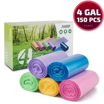 Small Trash Bags 4 Gallon Garbage Size 15 Liters Home Waste Bin 150 Counts 5 Color Bag