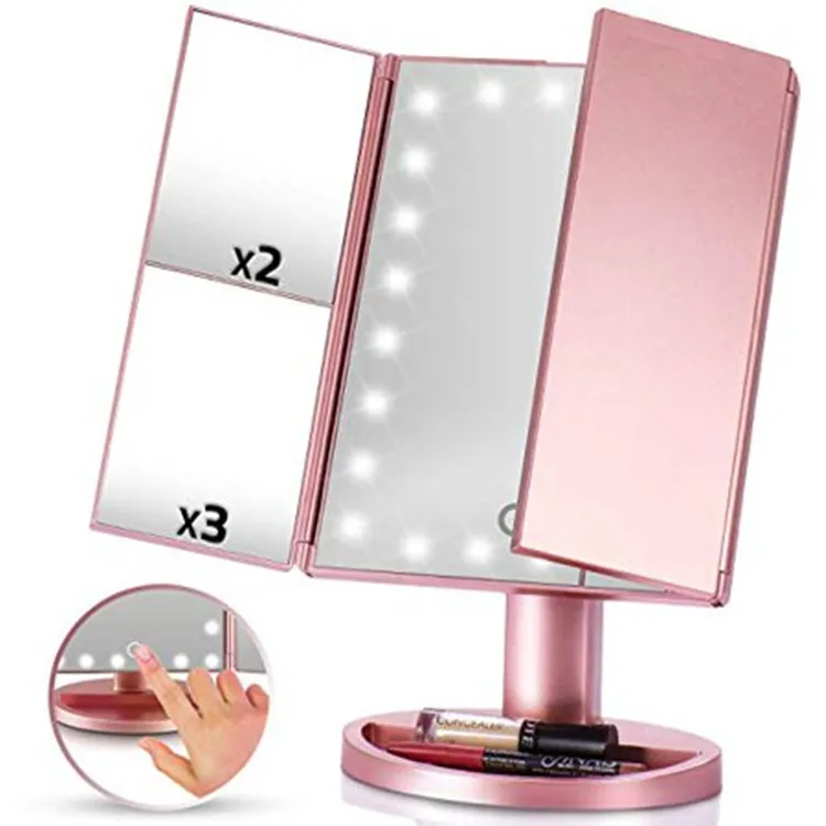 LED Mirror 1x 2x 3x Magnification Tri Fold Makeup Cost Cosmetics Touch Screen Power High Powered Lights USB Charging Portable