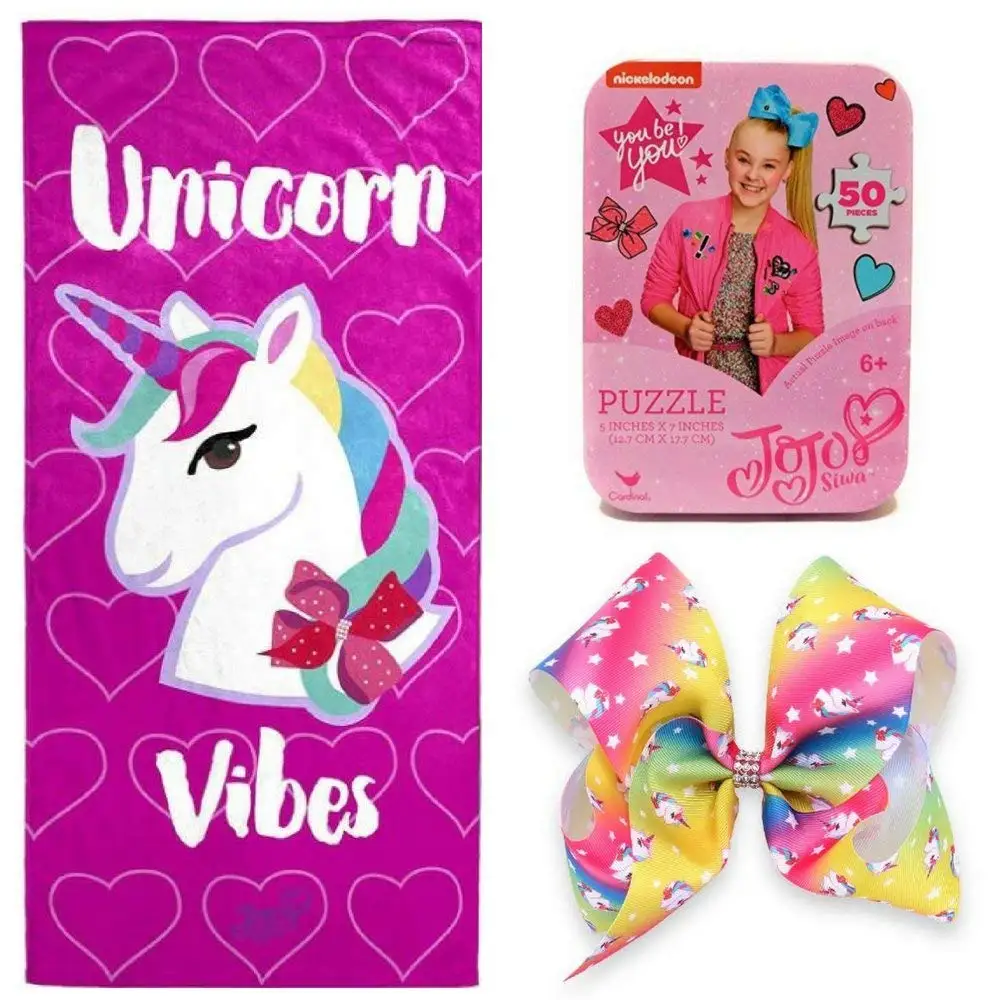Nickelodeon JoJo Siwa Unicorn Vibes Cotton Bath/Pool/Beach Towel & OMG Large Rainbow Rhinestone Unicorn Bow with Jojo Siwa Follow Your Dreams 50 Piece Puzzle in Collectible Tin