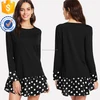 Black Contrast Polka Dot Cuff And Hem Drop Waist Dress OEM/ODM Manufacture Wholesale Fashion Women Apparel (TA7051D)