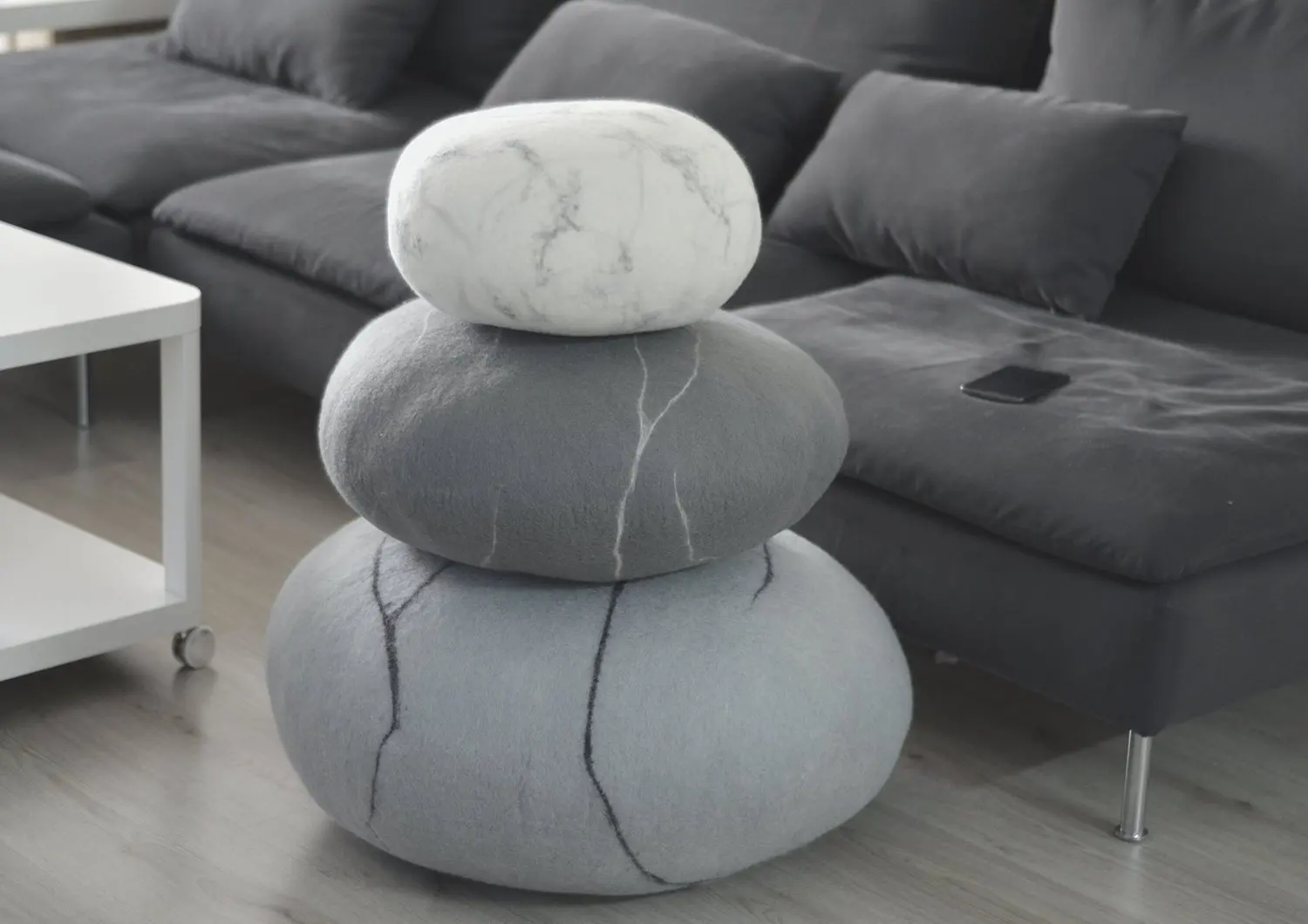 Natural Wool Gray Floor Poufs, Handmade Ottoman foot stool Ottoman Floor cushions Pouf Floor pillows Seat cushions Felted wool stones Decorative pillows Gray Set of 3