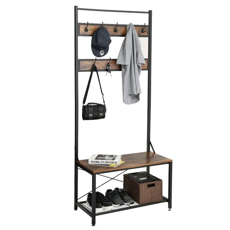 9 Hooks Hall Tree Entryway Coat Shoe Rack 3 Tier Shoe Bench 3 In 1 Design Wood Look Accent Furniture With Stable Metal Frame Easy Assembly Kingso Industrial Coat Rack Shoe Bench Coat Racks