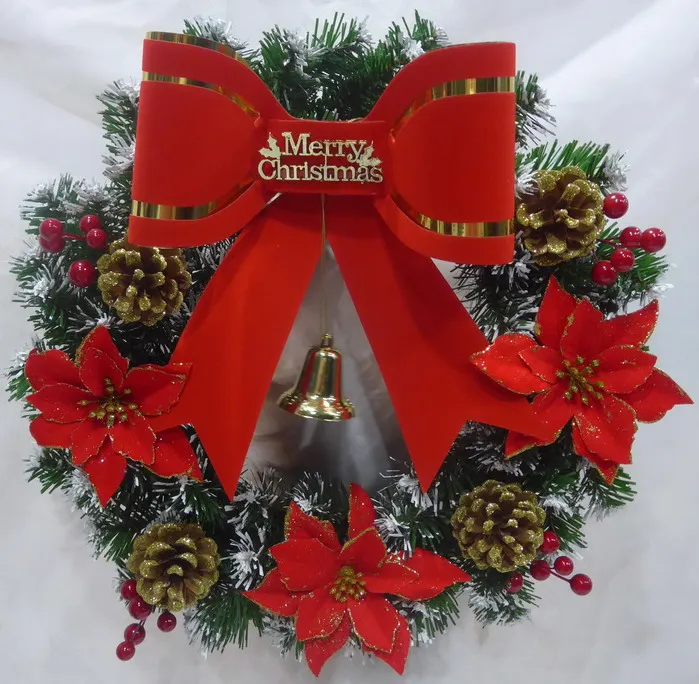 with white glitter  nature pine cone with white glitter with white metal bell 45cm out Dia pine wreath