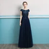 Q024 Long Casual Dress Cap Sleeves 3D Appliqued Flower Sexy Open Back Wedding Party Dress patterns Navy Blue evening dress
