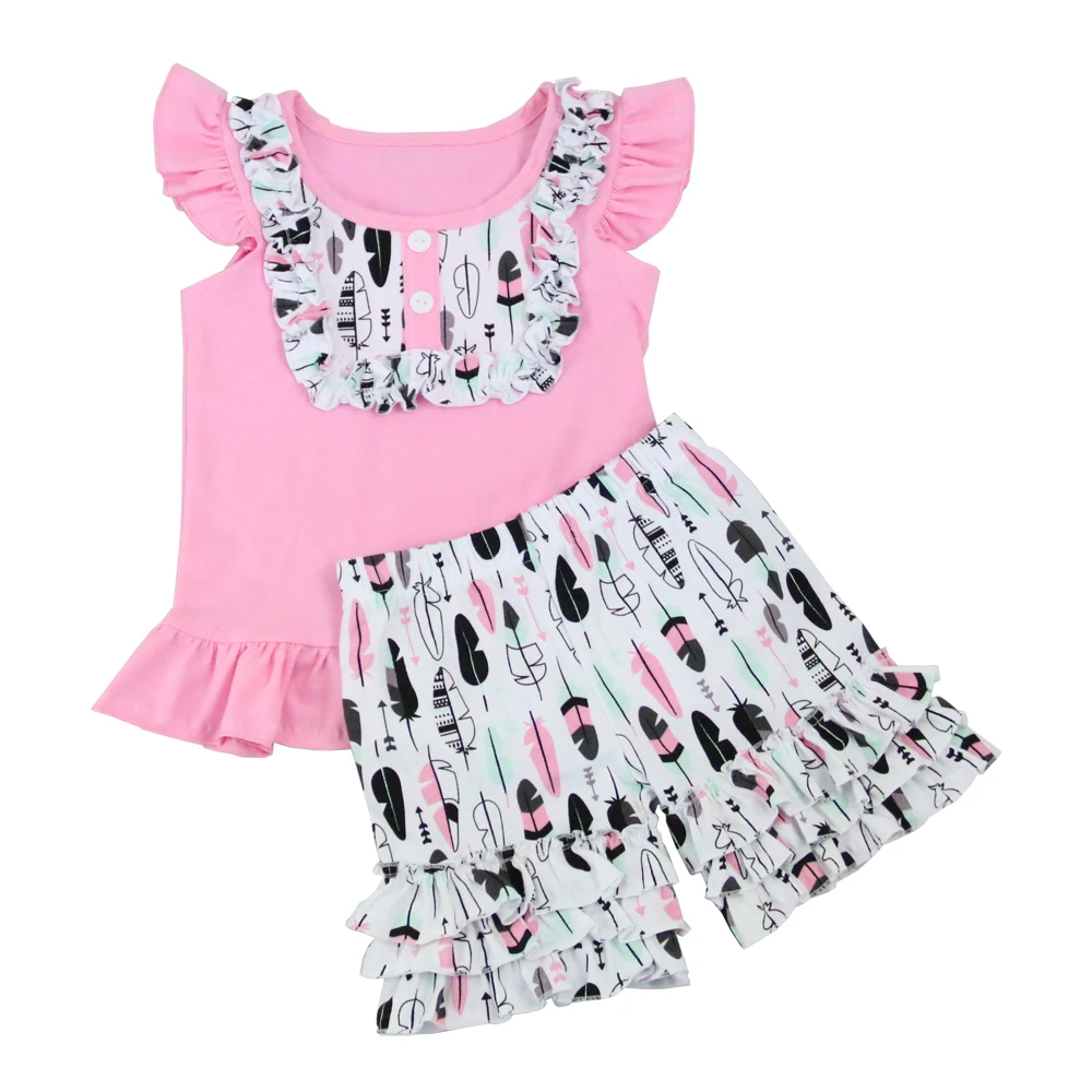 Kaiyo для маленьких девочек весна flutter bid рюшами комплект светло розовый День Святого Валентина тройной рюшами Брюки с принтом