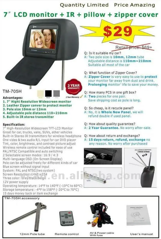 7 Inch Headrest Seven Inch Car Pillow Head Rest Tft Lcd Monitor Zipper