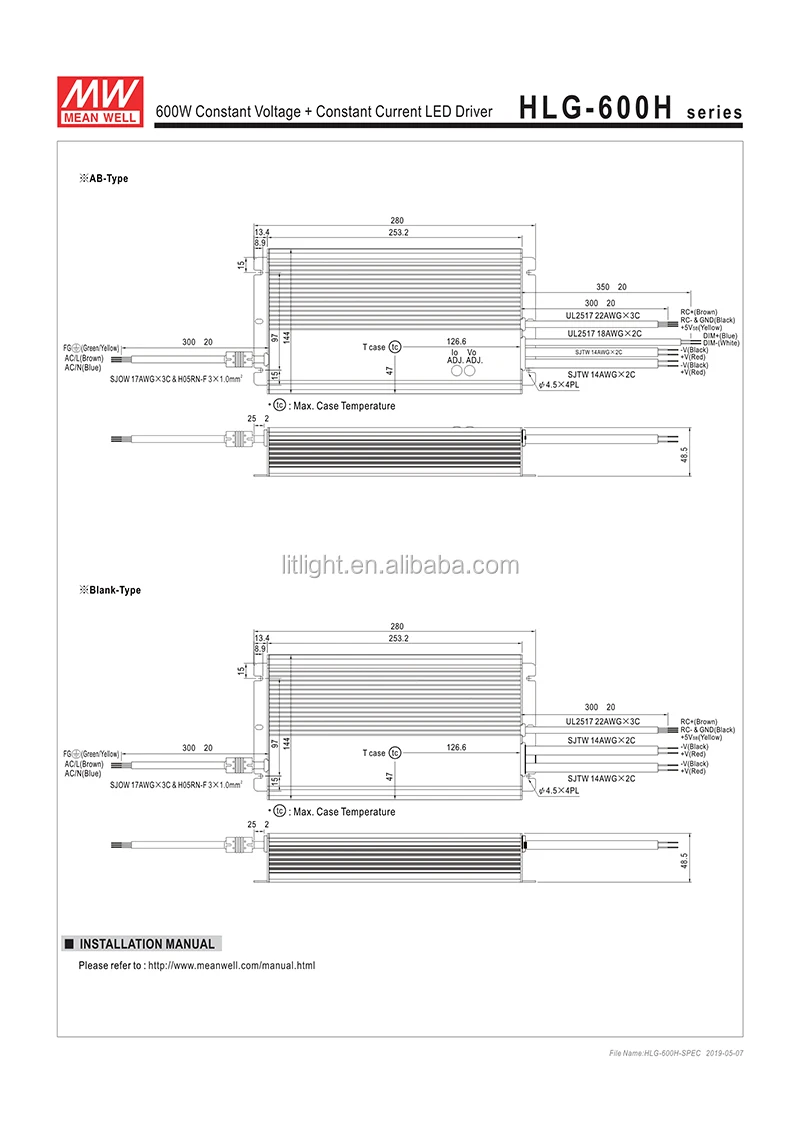 Mean Well HLG-600H-24B LED Power Supply CV+CC 600W 12-24V 25A IP67