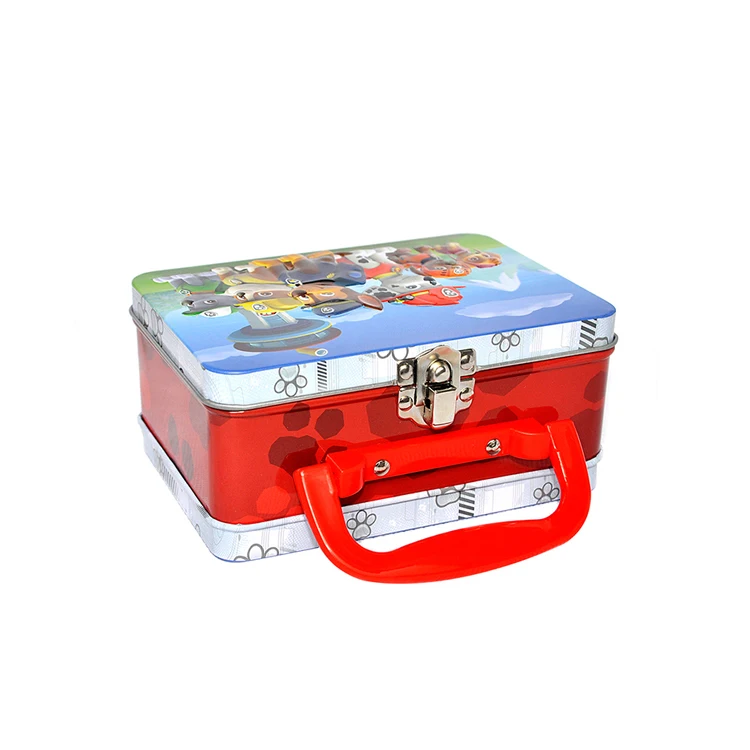 Food grade cartoon made rectangle kids lunch tin box with plastic handle