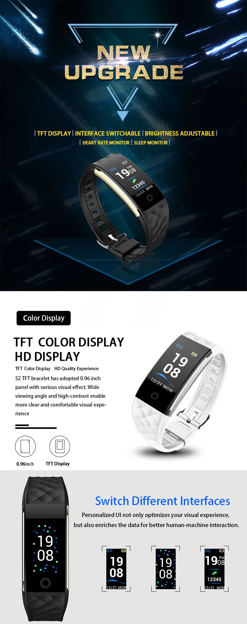 bt5.0 2019 red black white ip67 waterproof compatible with ios and android smart bracelet band wristband fitness tracker watch