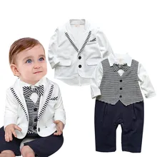 gentleman baby boy clothes white coat+ striped rompers clothing set newborn wedding suit