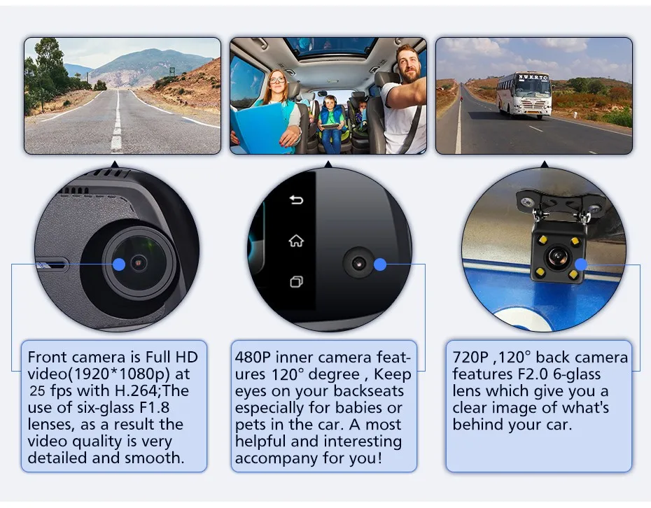 3 相机Android 车载Dvr Dash Cam 7.84 “4g Adas 2 + 32 Gb Fhd 1080 P