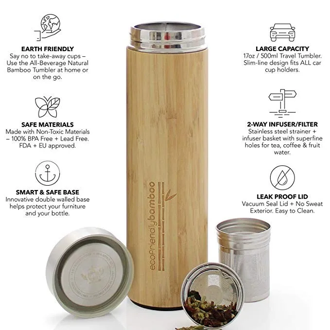 The Love Bamboo Tea Tumbler with Strainer and Infuser + Sleeve