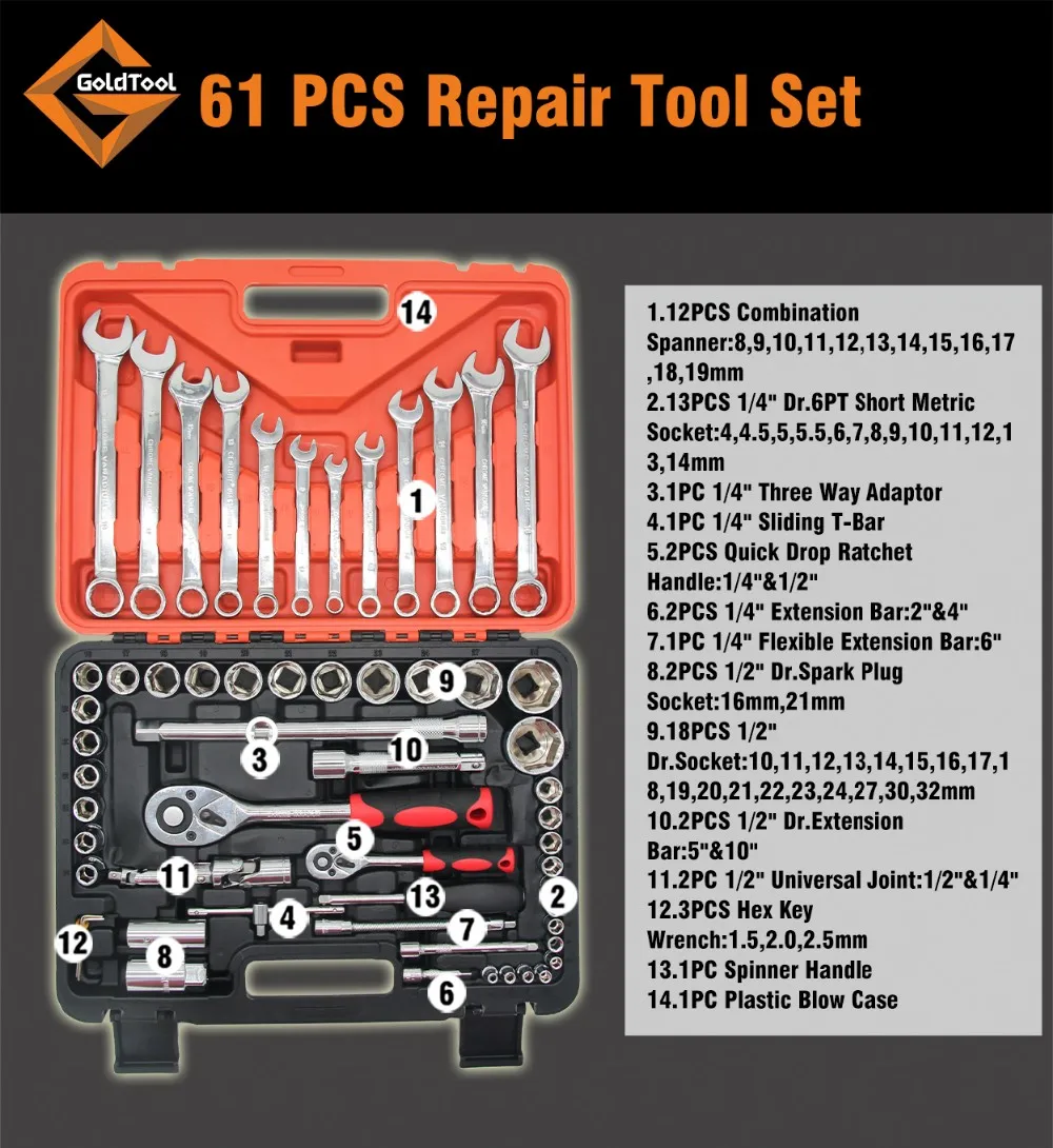 61 Pcs Car Repair Tool Set Kit/diesel Engine Repair Tool Tire Repair ...