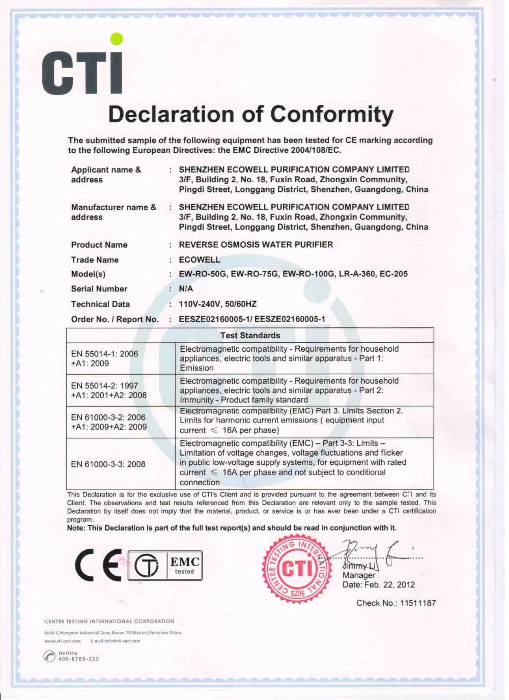 CE EMC Certificate