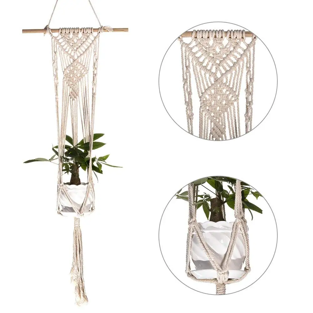 Plant Hanger,Sundlight Indoor Outdoor Macrame Hanging Planter Basket Handmade Cotton Rope with Wooden Stick Wall Art Without Pots,40cm x 100cm