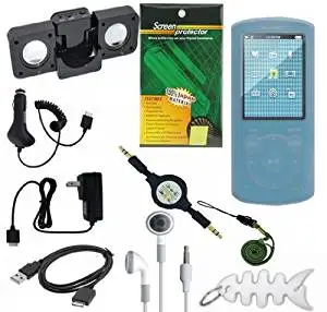 10 Pieces Premium Sony Walkman Accessories Combo Bundle Pack: Clear/White Silicone Skin Case, USB 2in1 Data Sync Cable, Car Charger, Wall / Travel / AC Adapter Charger, Portable Foldable Speaker Dock, Lanyard, Screen Protector, 3.5mm~3.5mm Retractable Audio cable, 3.5mm White In-Ear Stereo Headset,