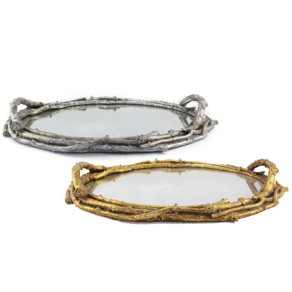 Mirror Serving Tray Gold Decorative with Resin Branch Shaped Handle for Wedding Availabile 30% Deposit Accpectable Beautiful details