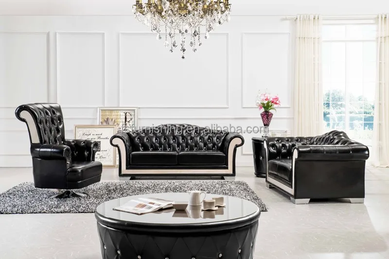 Krachtige #ls165 moderne zwart lederen chesterfield bank roestvrij ... Zwart woonkamer banken