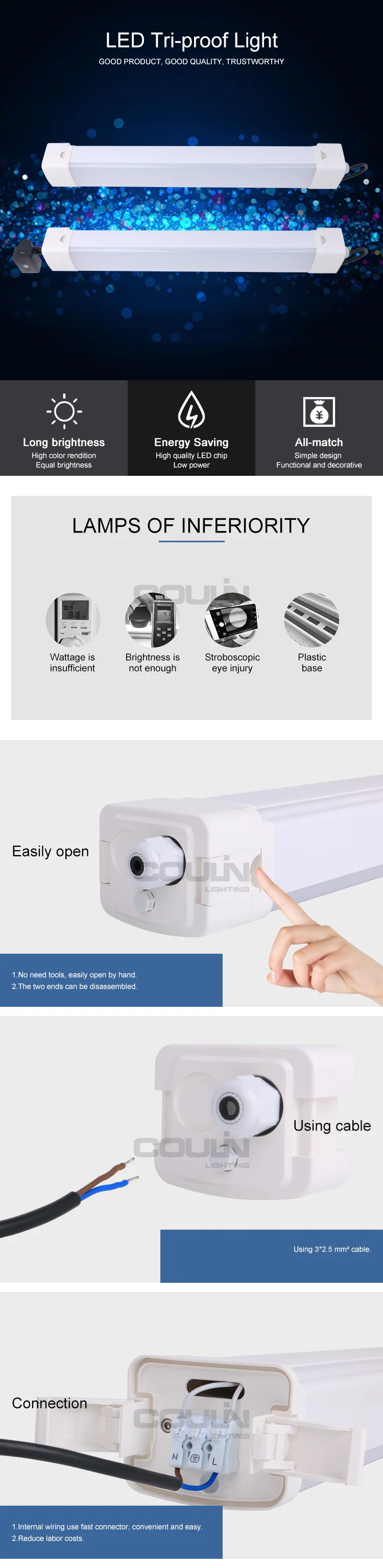 Modern Seamless Connection Led Outdoor Waterproof Light Linear Led Tri Proof Light PC Indoor