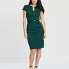 Lady's Deep Green Hue Notched Neck Bust Darts Belted Pencil Dress
