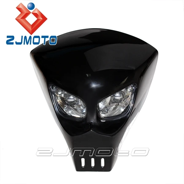 Black Universal Fiber Glass FRP Motorcycle Headlight Fairing Racing Skeleton Skull Headlight 