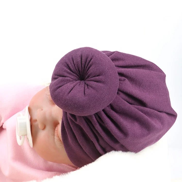 可爱超软结设计纯色纯棉头巾婴儿帽子