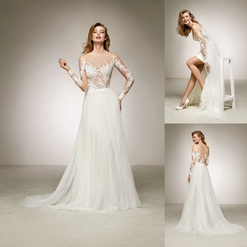 NW1264 Eye-catching Deep Side Slit Bridal Gown Fabulous Design with a two-piece Effect and Long Sleeves Wedding Dress