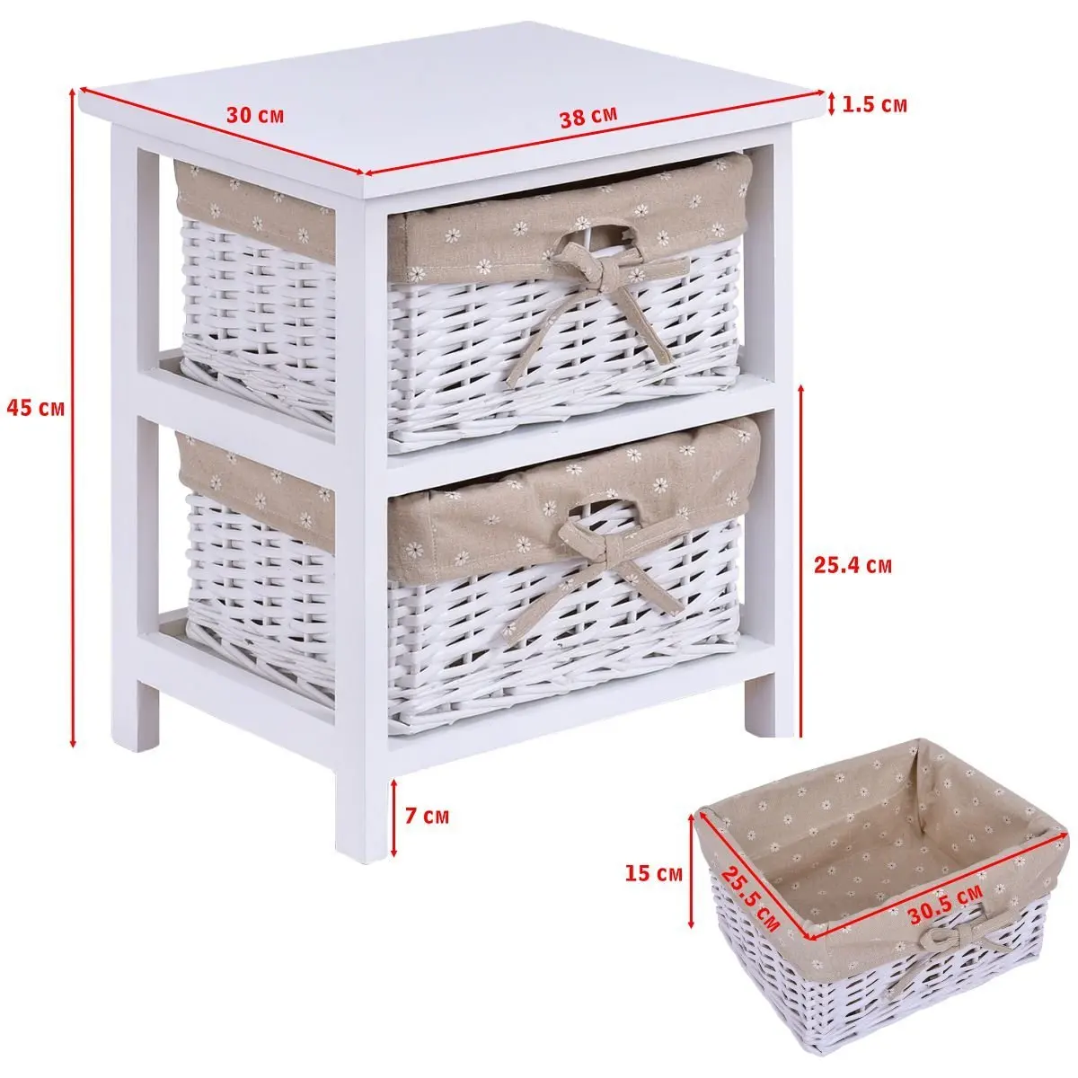 Bedside Table Wooden Wicker Nightstand Storage Unit With Rattan Basket