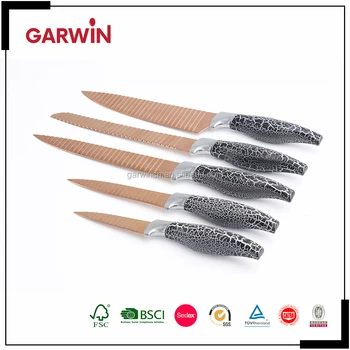 Golden Titanium Coating 5pcs Inox Kitchen Knife Set With Chapped