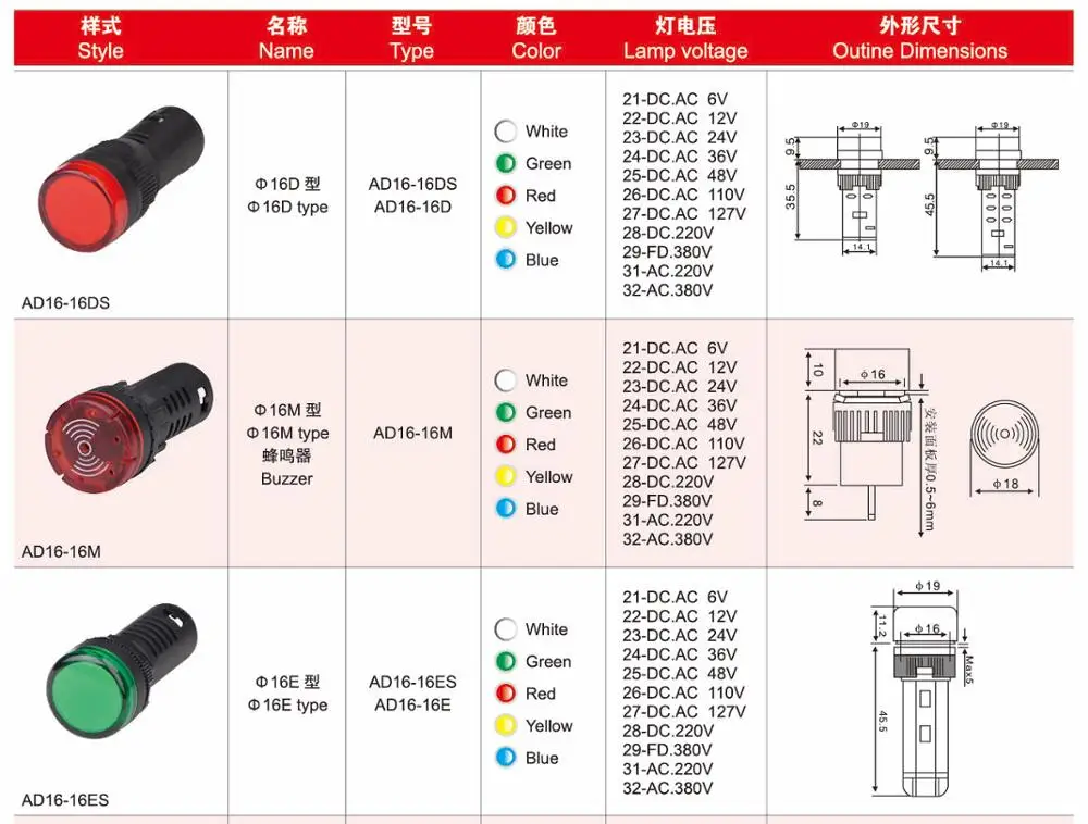 Ad22 16mm Pilot Lamp Led 24v Indicator Lamp Wholesaler Light Bead Top ...