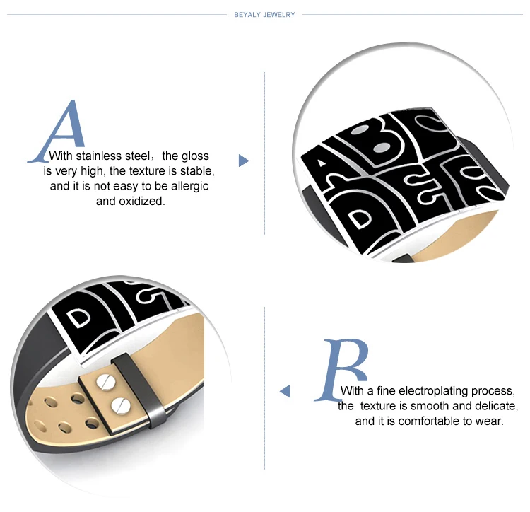 Black tone alphabet design mens leather cuff bracelets