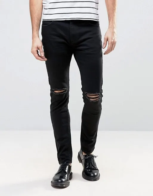 Washed Black Denim Knee Holes Men Ripped Pants Distressed Custom ...