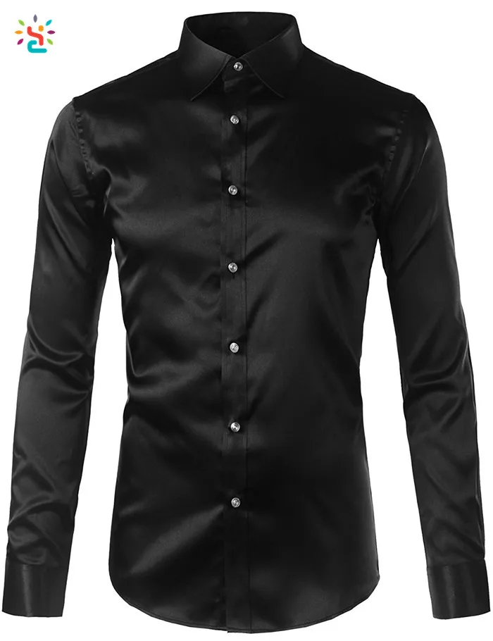 Black Silk Shirt Men Silk Dress Shirt Long Sleeve Shiny Solid Color ...