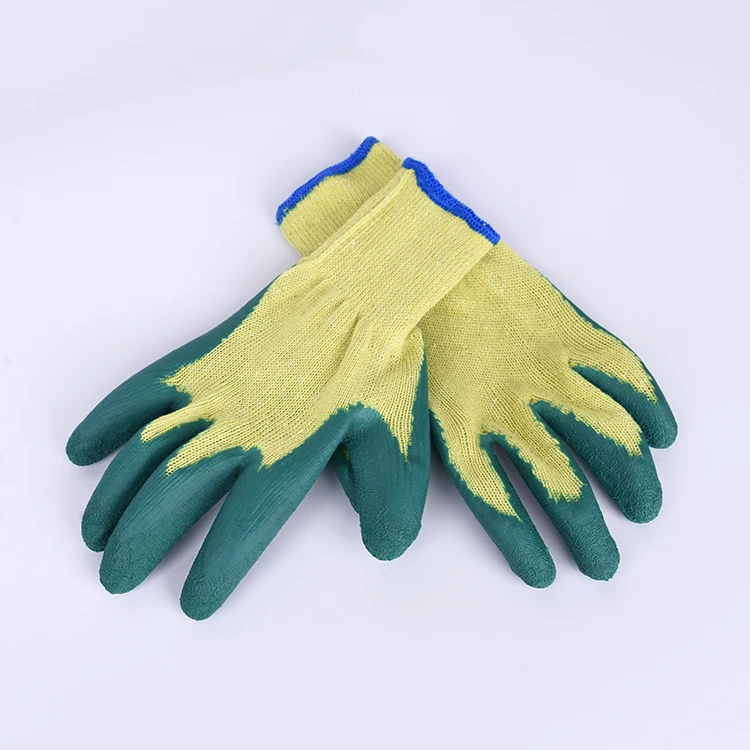 Hot Sale 10g Latex Rubber Coated Cotton Safety Work Hand Gloves Yellow Cotton Glove Crinkle