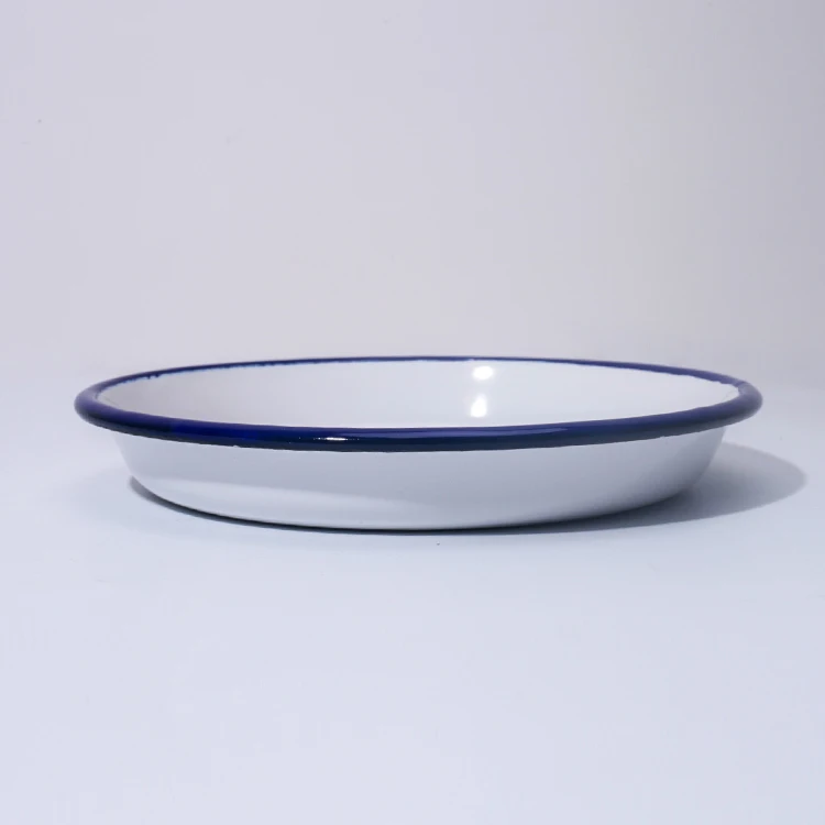 Antique Vintage White Enamel Metal Dinner Plates With Customized Rim