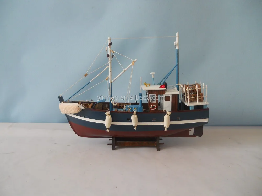 Wooden Crab Boat Model,45x14.5x36cm Dark Blue,Nautical Fishing Shrimp