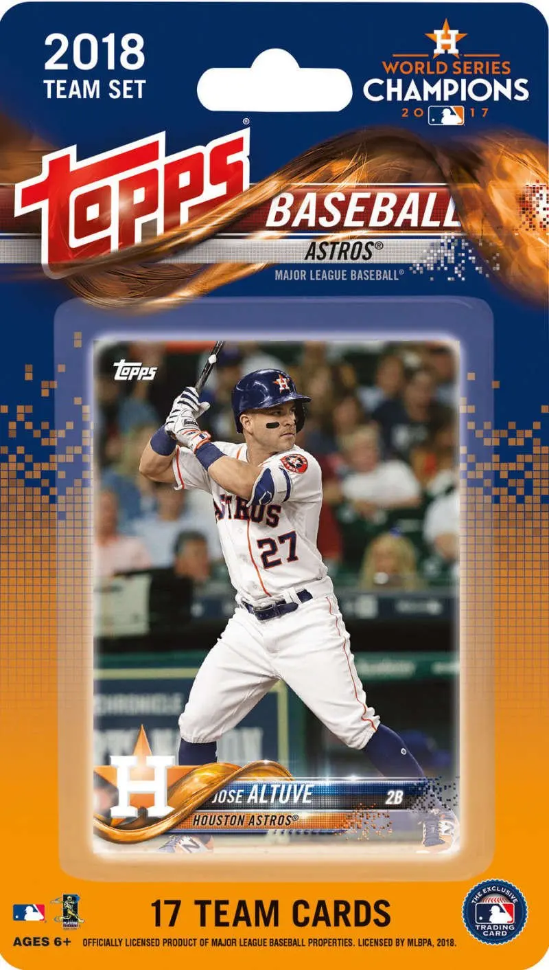 2018 Topps Baseball Factory Houston Astros Team Set of 17 Cards which includes: Jose Altuve(#HA-1), Jake Marisnick(#HA-2), Josh Reddick(#HA-3), Carlos Correa(#HA-4), Brad Peacock(#HA-5), Charlie Morton(#HA-6), Alex Bregman(#HA-7), Yulieski Gurriel(#HA-8), Justin Verlander(#HA-9), Dallas
