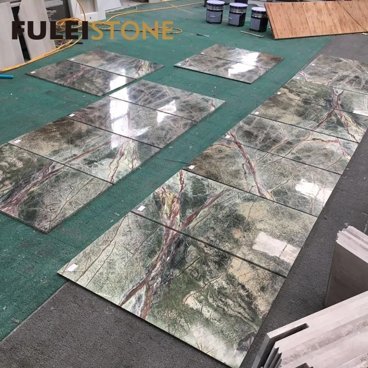 Low price indian light rainforest green marble tiles flooring