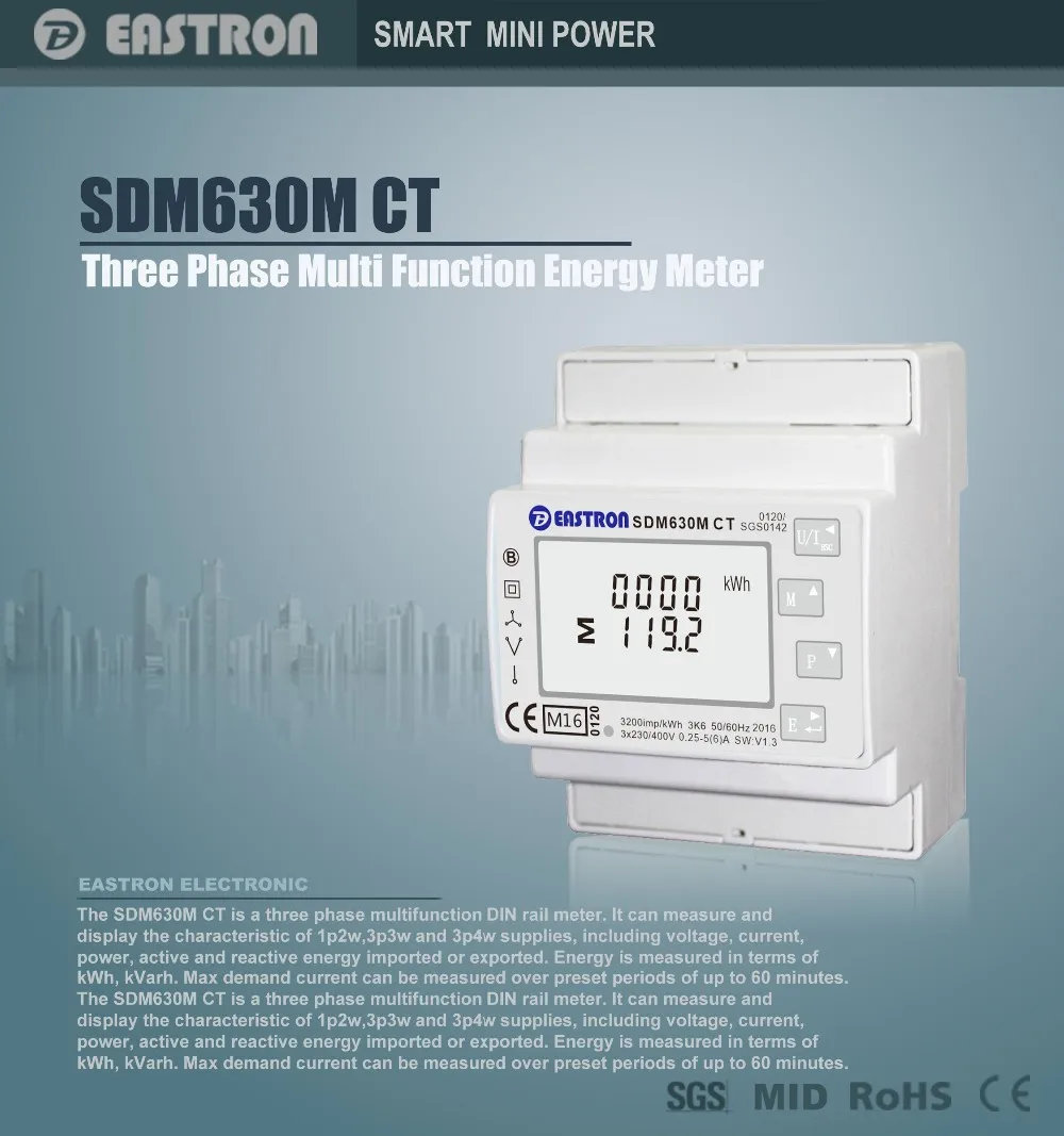 EASTROM SDM630 MV CT kW Meter/Data Logger SAFE CT Style! 