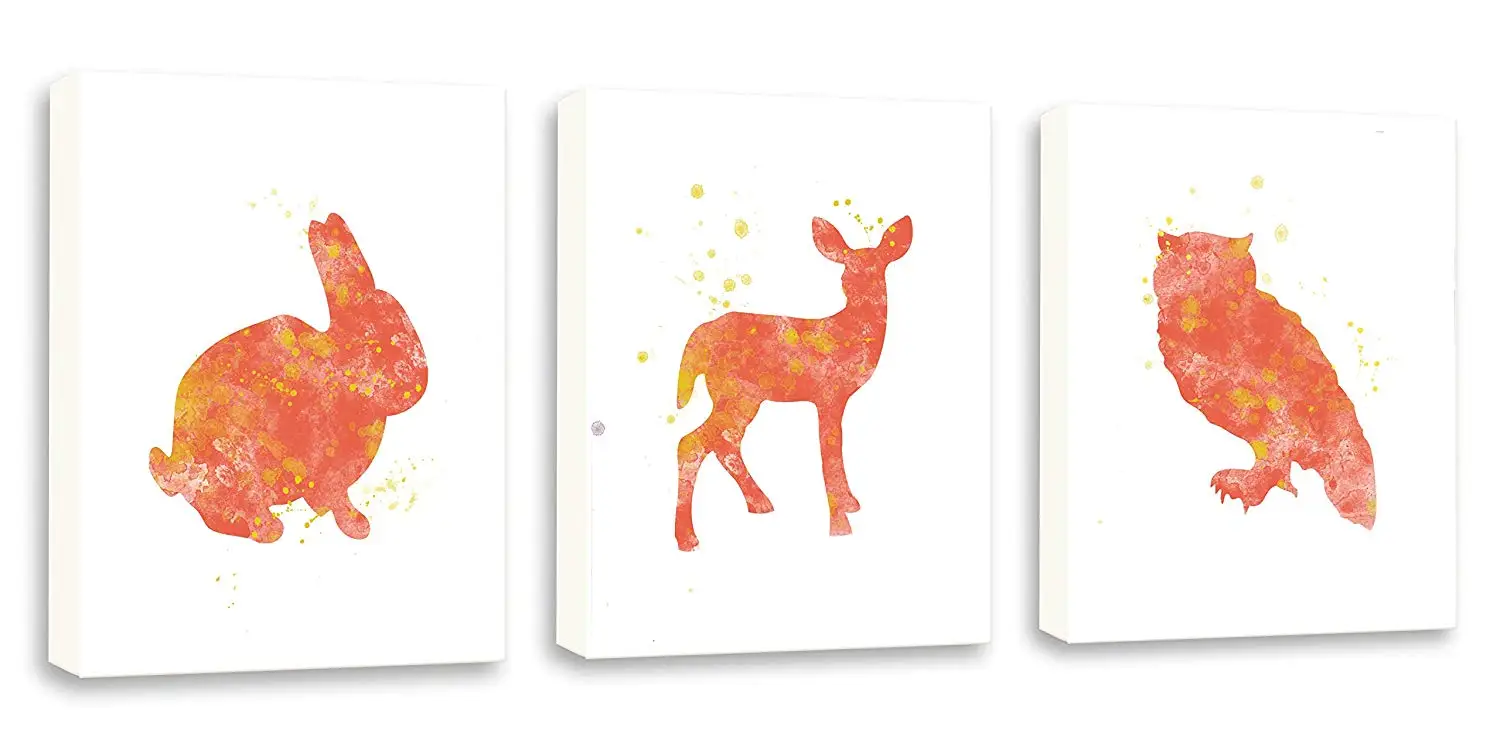 Woodland Home Decor, Rabbit Wall Art, Deer Art, Owl Decor, Set Of Three Limited Edition Gallery Wrapped Canvases
