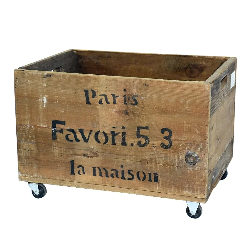 Caja de madera rústica con ruedas Caja de almacenamiento