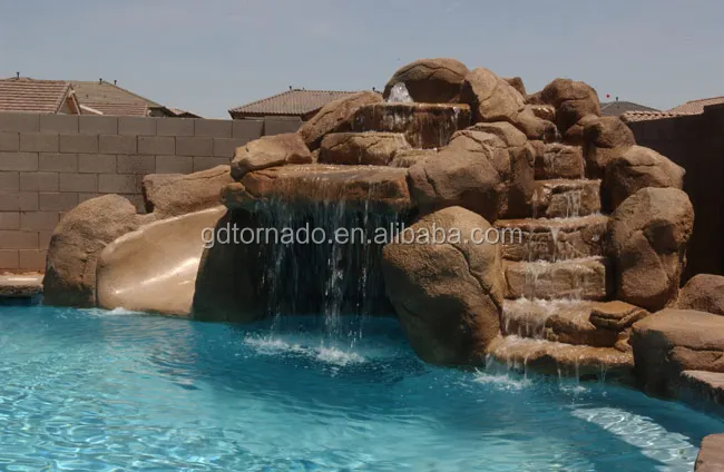 Customized swimming pool decorative slide landscape outdoor artificial waterfall fountain
